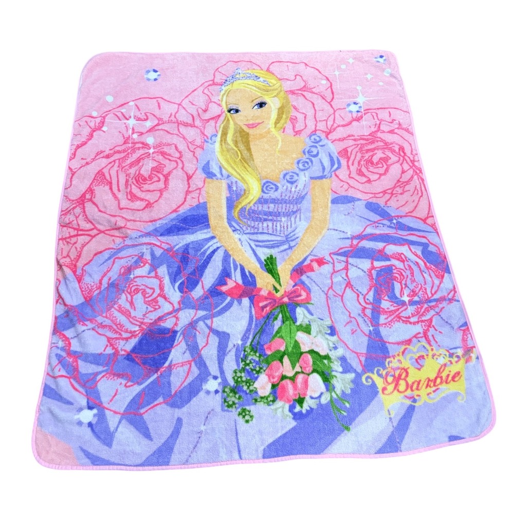 VTG 2010 Y2K Barbie Princess Movie
Fleece Throw Blanket Pink Purple Roses 50x60